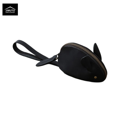 A black craze horse cowhide mouse-shaped zippered pouch with a wrist strap, shown on a plain white background with a JIMUTO logo in the top-left corner.