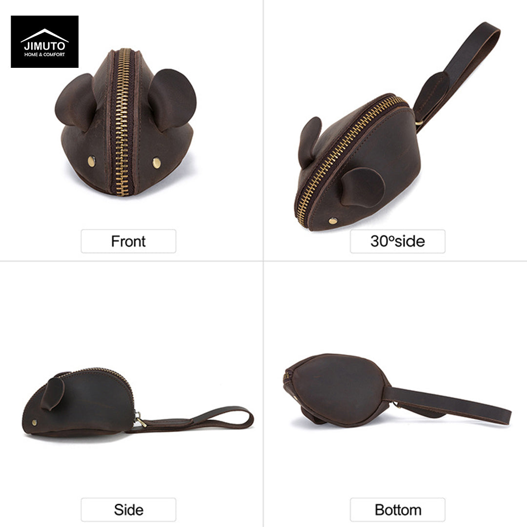 A four-panel product view of a small crazy horse cowhide mouse-shaped leather zip pouch shown from front, 30° side, side, and bottom angles on a white background. The pouch is dark brown with gold-tone zipper and hardware.