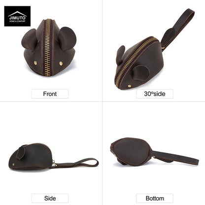 A four-panel product view of a small crazy horse cowhide mouse-shaped leather zip pouch shown from front, 30° side, side, and bottom angles on a white background. The pouch is dark brown with gold-tone zipper and hardware.