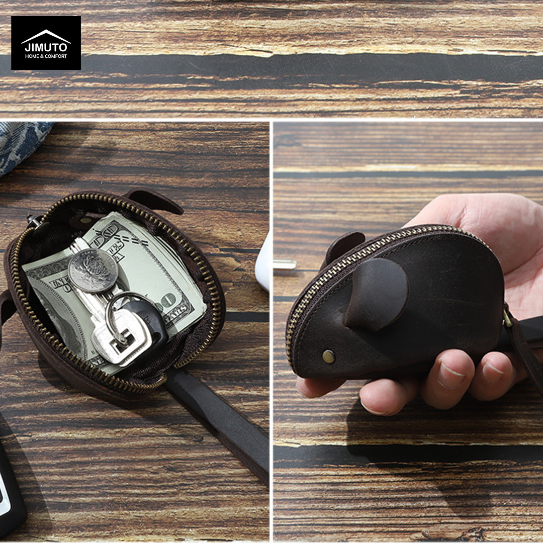 A collage showing a small black top-grain leather zip pouch wallet on a wood-grain surface. One panel shows the pouch open with cash and keys inside, and the other shows a hand holding the pouch to demonstrate its shape and flexibility.