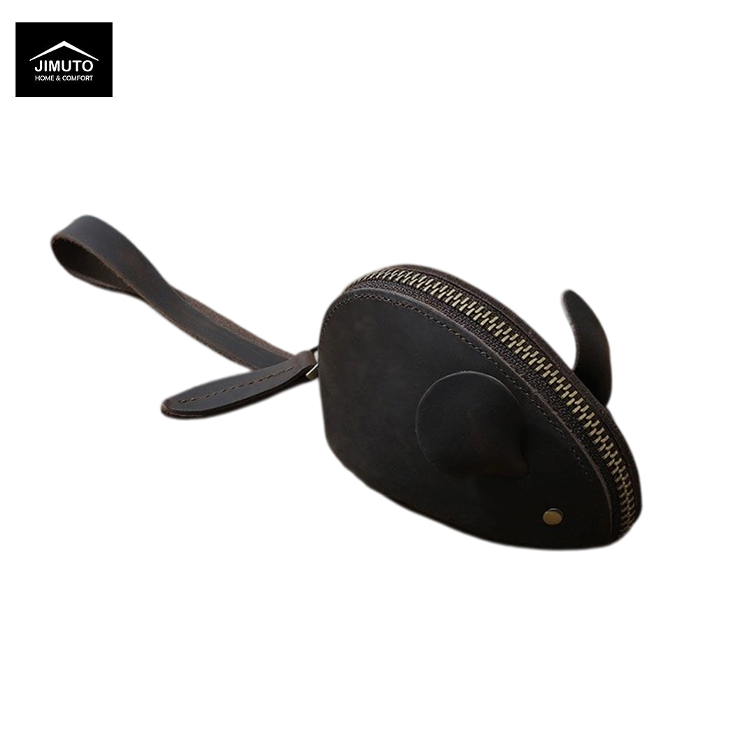 A black  crazy horse cowhide leather waist coin wallet with a curved, rounded shape, featuring a gold-tone zipper, a small circular cutout detail, and a matching leather strap. The brand logo 'JIMUTO' is visible in the top-left corner.