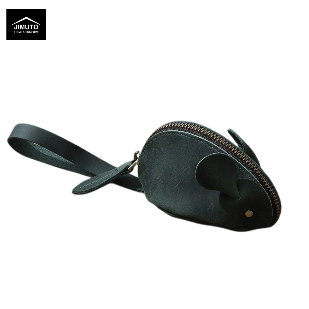 A dark green leather mouse-shaped zippered pouch with a wrist strap, shown on a plain white background with a Jimuto brand logo in the top-left corner.