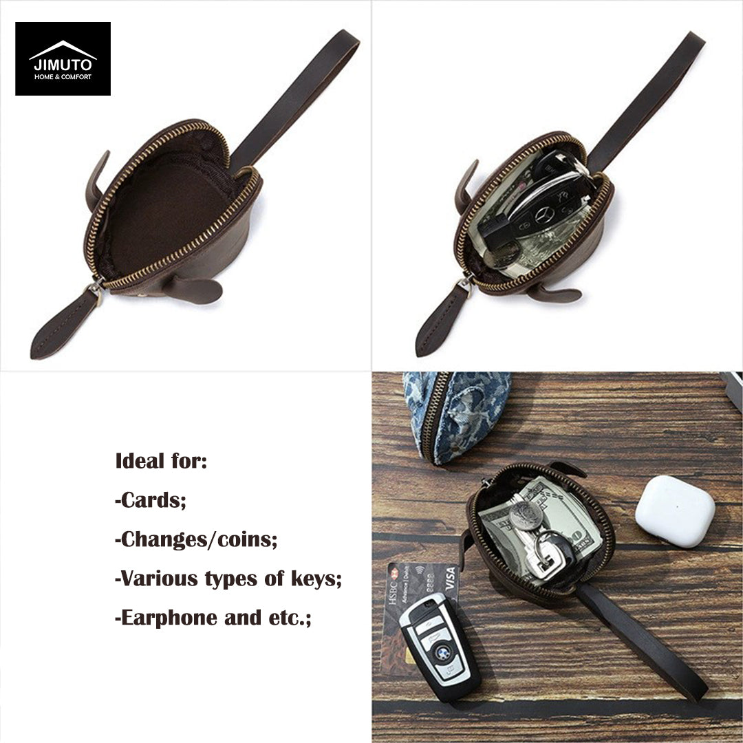 A collage showing a small dark brown top-grain leather mouse-shaped zip pouch with a wrist strap, opened to display its interior. The top-left panel shows the pouch closed on a white background with the Jimuto logo; the top-right panel shows the pouch closed on a white background with a key inserted near the mouth; the bottom-right panel shows the pouch on a wooden surface with cash, a card, and a white earbud case inside.