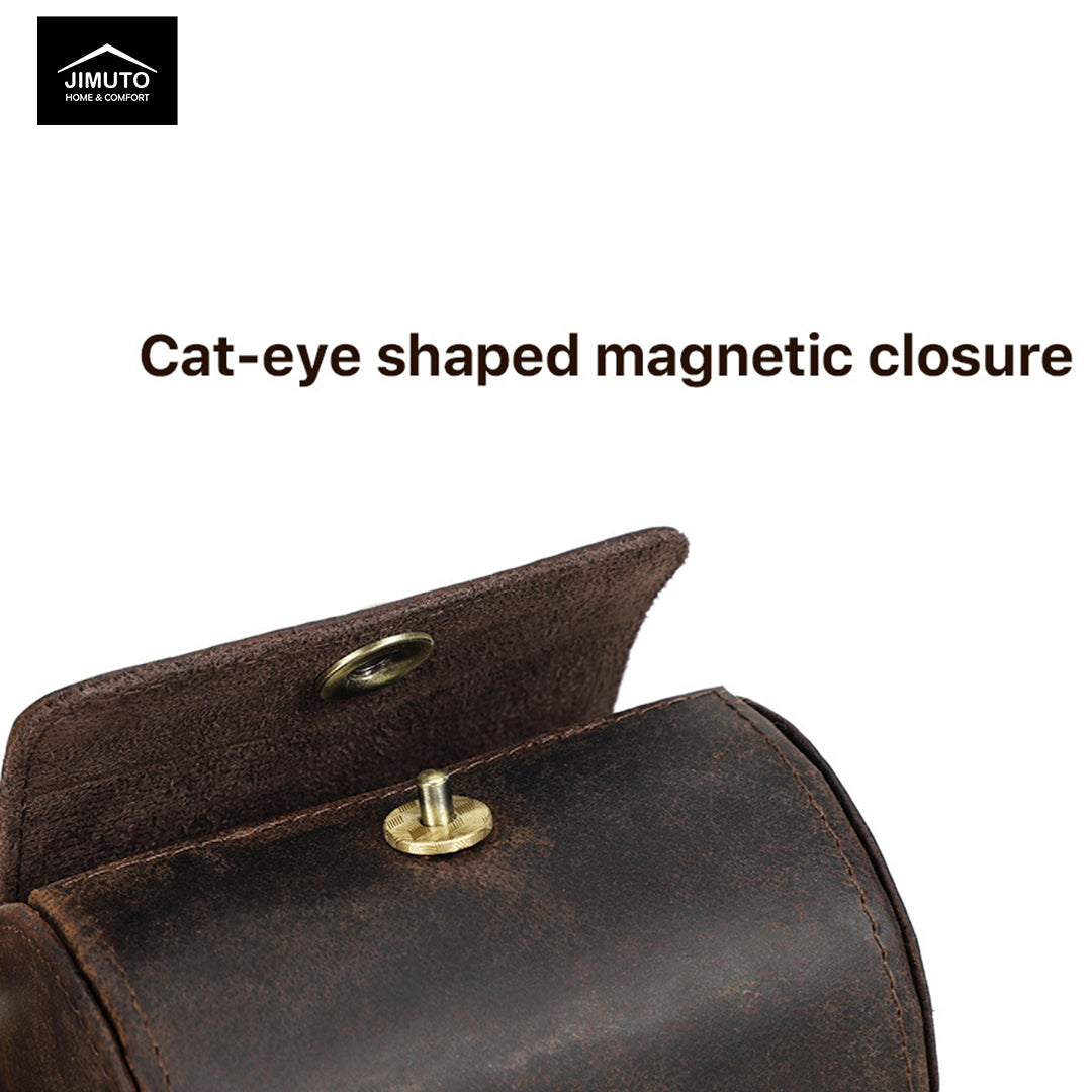 Brown leather tie roll with cat-eye shaped magnetic closure on a white background, featuring JIMUTO logo.