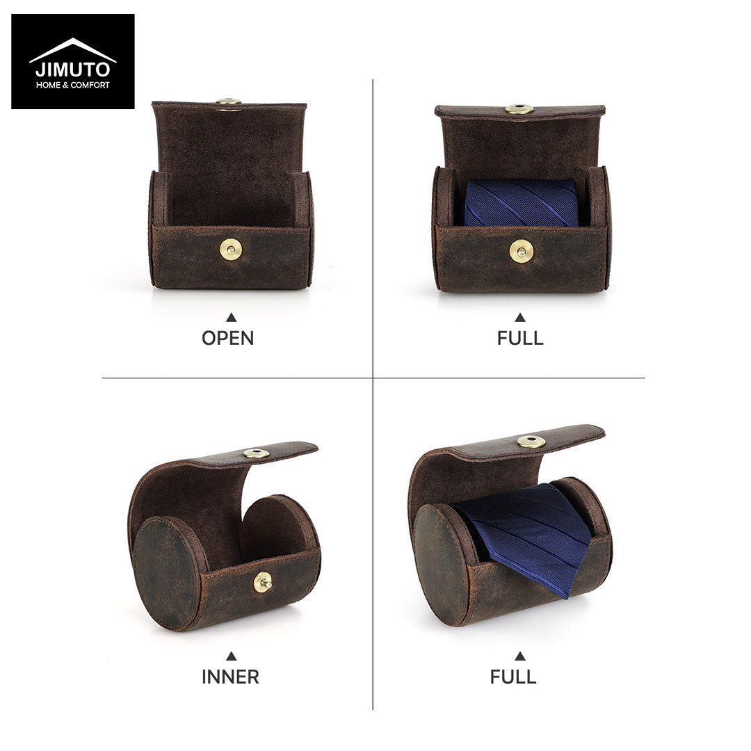 Brown leather tie case with different stages of opening on a white background, featuring the JIMUTO brand.