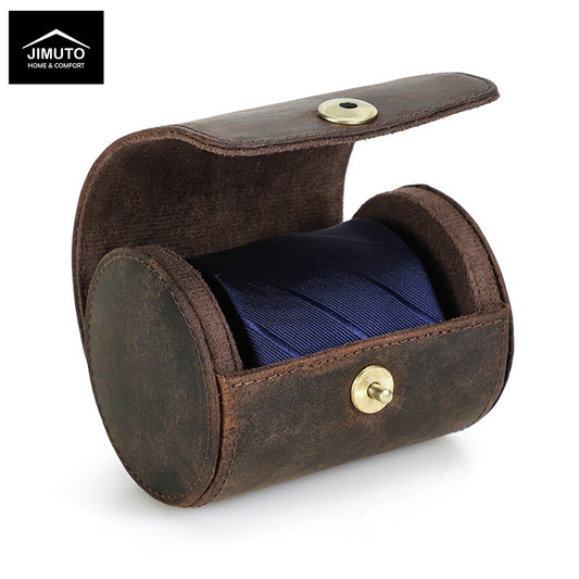 Brown leather tie roll with blue ribbon inside on a white background, featuring the JIMUTO brand.