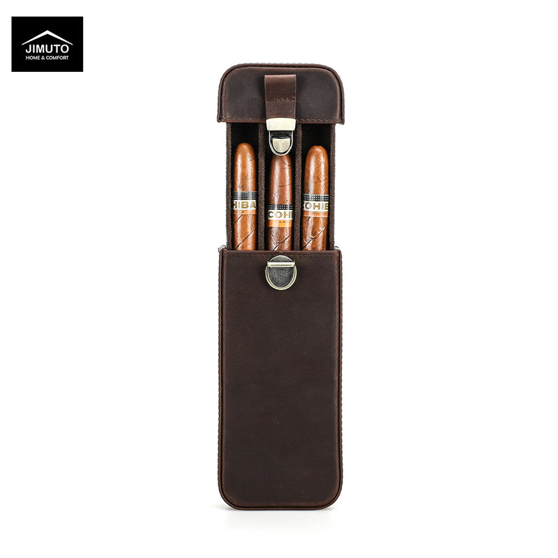 Handcrafted Crazy Horse Leather Cigar Case for 3 Cigars |Unisex| JIMUTO TCC-CB