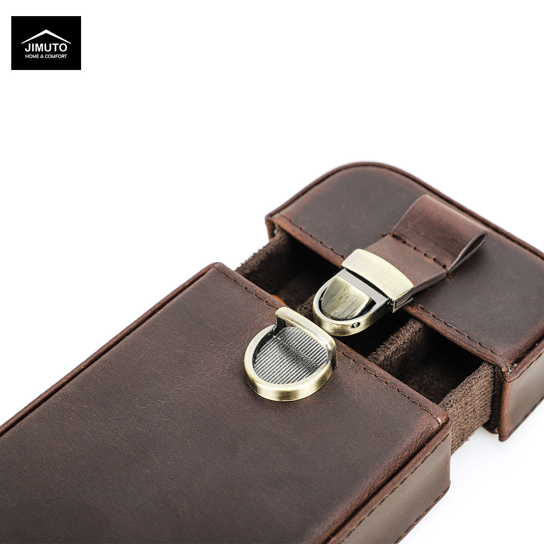A dark brown leather cigar case shown open on a white background, featuring brass-tone metal clasps and a visible Jimuto brand logo in the top-left corner.