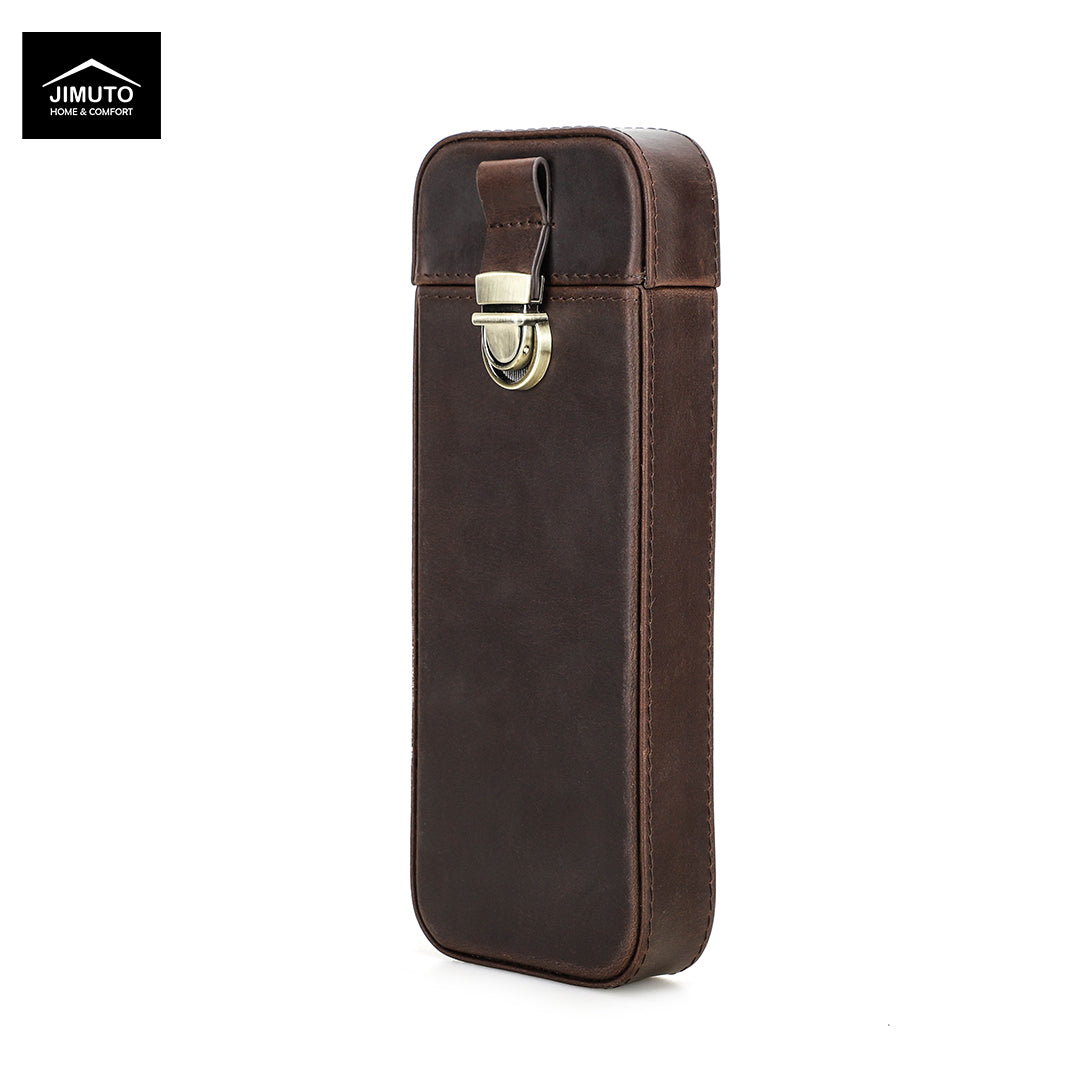 A dark brown leather cigar case with a brass clasp, shown on a white background with a JIMUTO brand logo in the top-left corner.