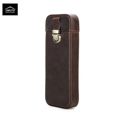 A dark brown leather cigar case with a brass clasp, shown on a white background with a JIMUTO brand logo in the top-left corner.