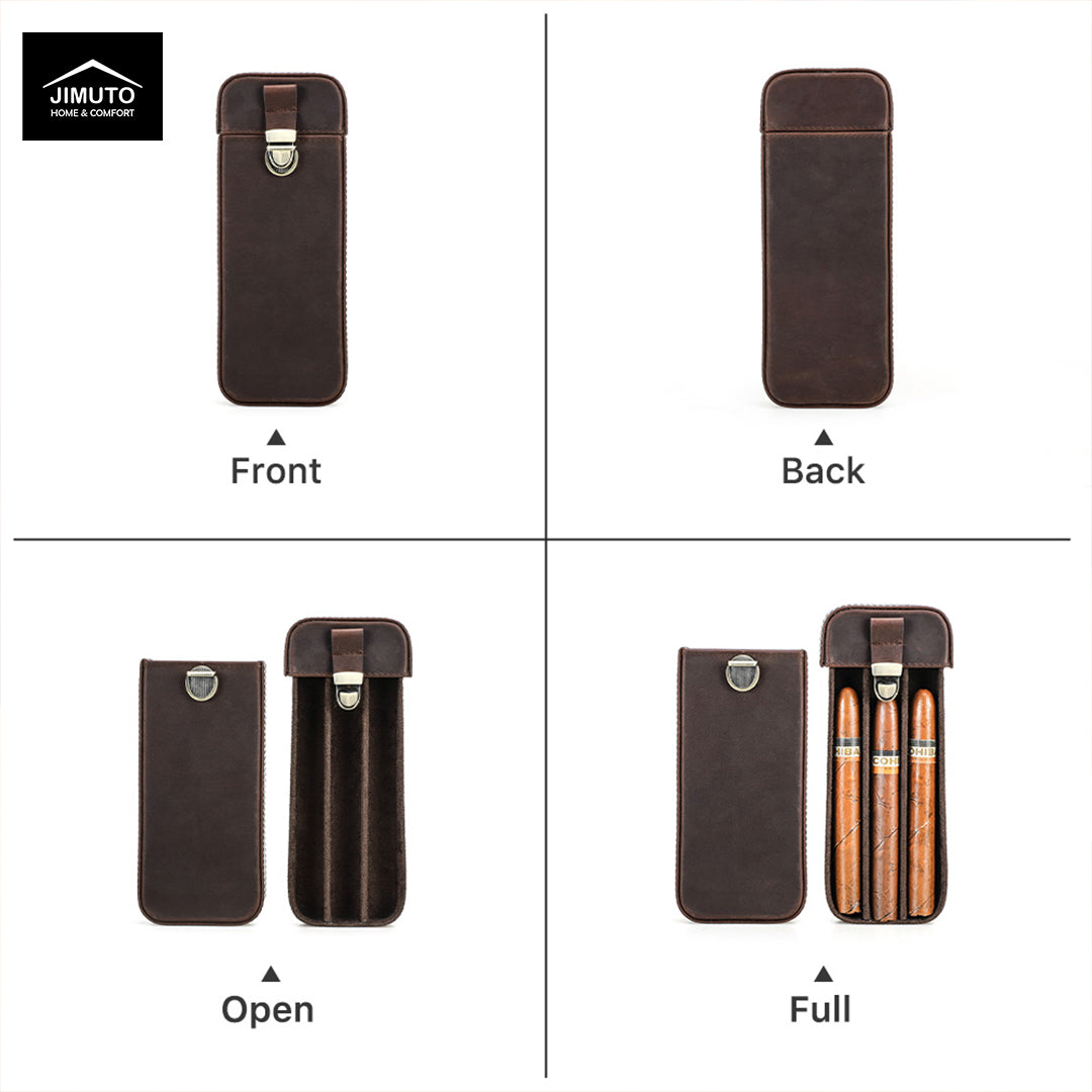 A four-panel product demonstration on a white background showing a dark brown leather cigar sleeve from different angles and states: front, back, open, and full with cigars inserted. The JIMUTO brand logo appears in the top-left corner.