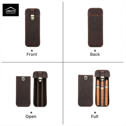 A four-panel product demonstration on a white background showing a dark brown leather cigar sleeve from different angles and states: front, back, open, and full with cigars inserted. The JIMUTO brand logo appears in the top-left corner.