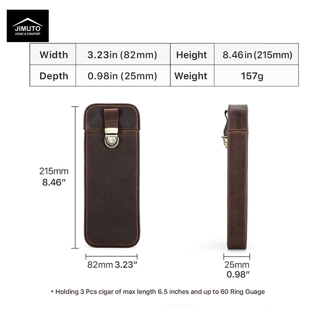 A brown leather cigar case shown with dimension labels and a measurement table. The image includes a top table with width, height, depth, weight, and a bottom section with front and side views with measurements.
