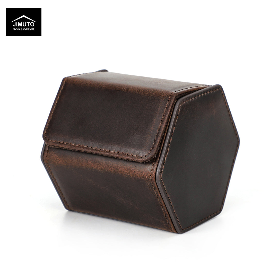 A dark brown hexagonal leather watch box with a hexagonal shape and a top flap, shown on a white background with a Jimuto logo in the top-left corner.