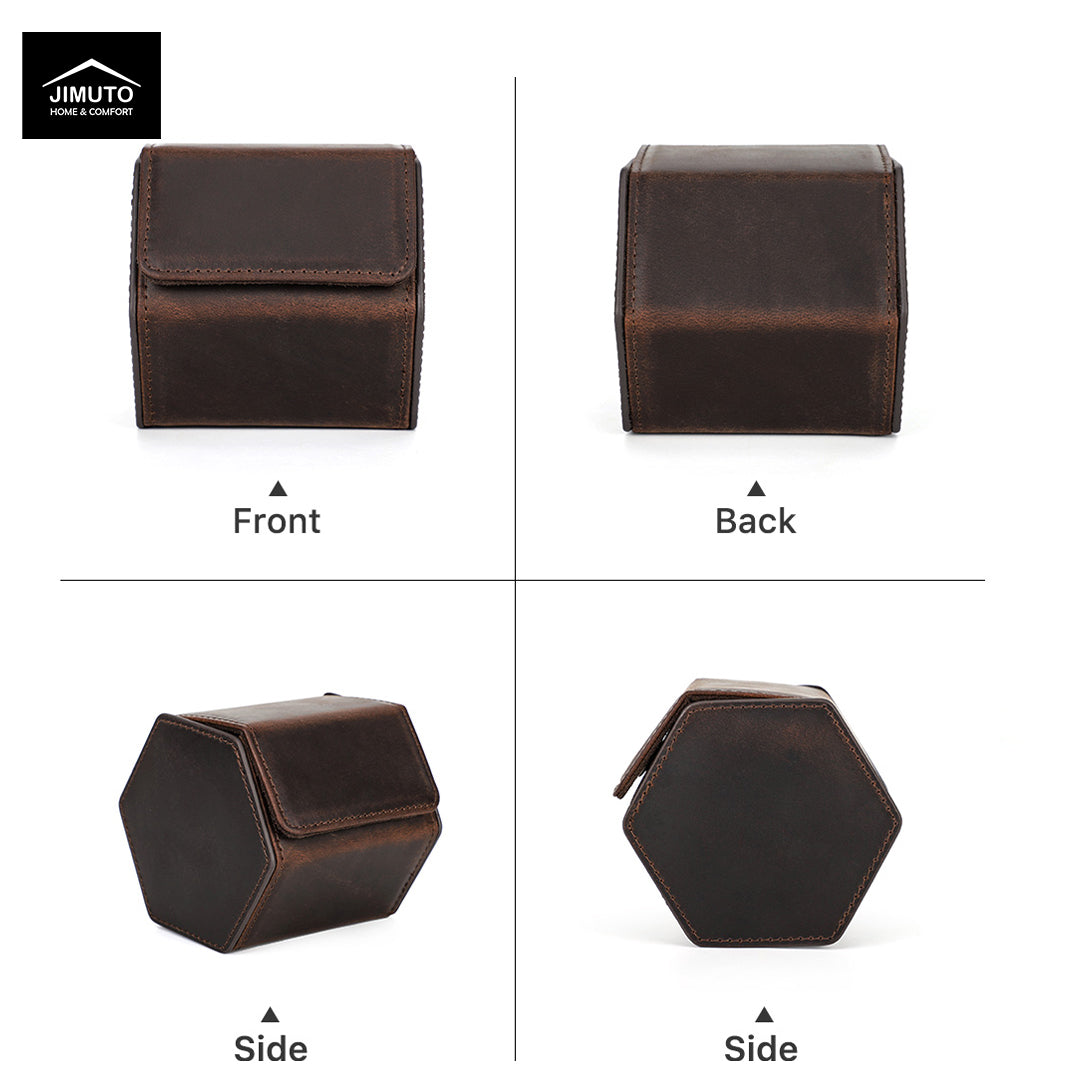 A dark brown hexagonal leather watch case shown from four angles: front, back, side, and side. The image is a clean product presentation on a white background with labels and a JIMUTO brand logo in the top left corner.