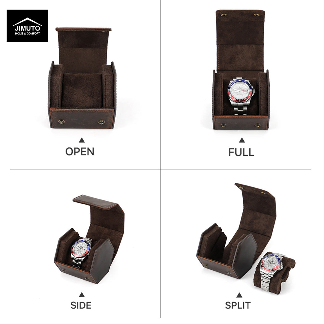 A four-panel product demonstration showing a dark brown leather watch box in different configurations: open, full closed, side open, and split. A watch is placed inside the box in some views for scale.