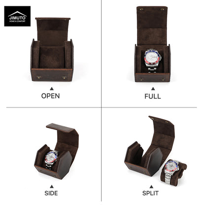 A four-panel product demonstration showing a dark brown leather watch box in different configurations: open, full closed, side open, and split. A watch is placed inside the box in some views for scale.