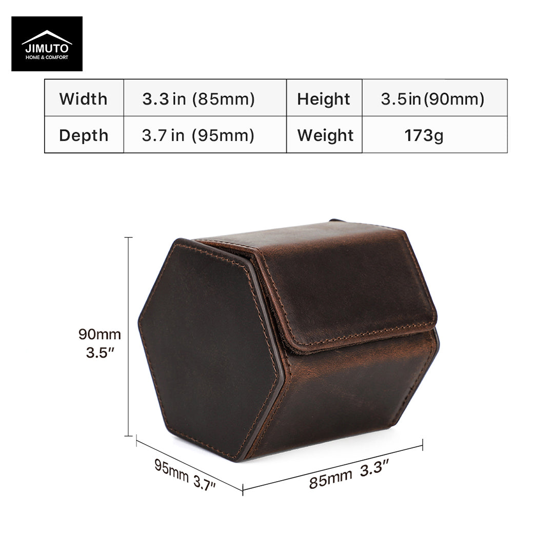 A dark brown hexagonal leather watch case shown with dimension labels and a width/height/depth table above it. The JIMUTO brand logo appears in the top-left corner.