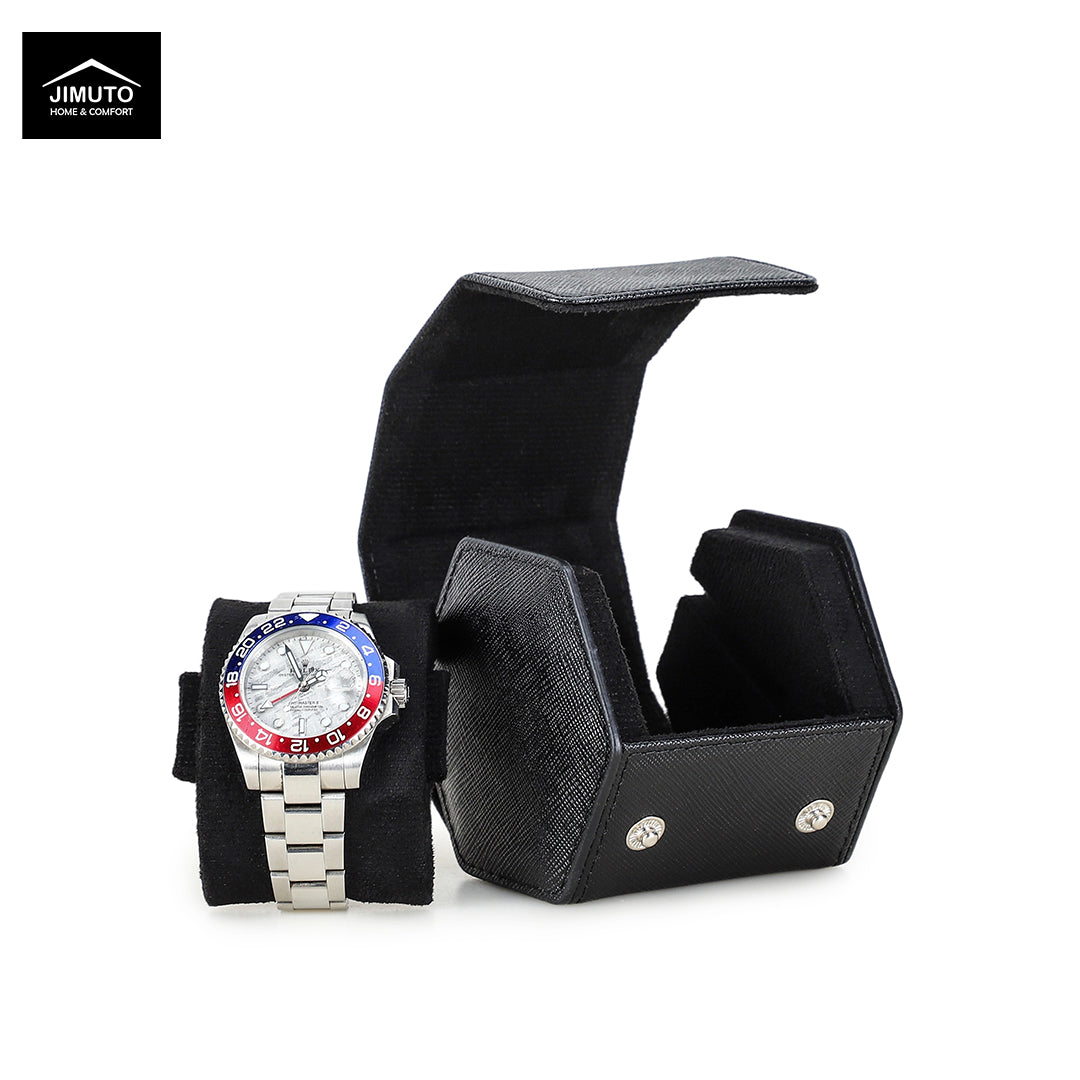 A silver stainless steel wristwatch with a silver link bracelet and a red, white, and blue bezel, displayed next to its black saffiano leather watch box and an open black velvet watch box on a white background. The Jimuto brand logo is visible in the top-left corner.