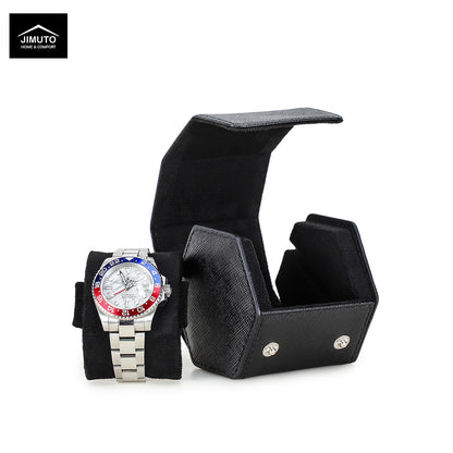 A silver stainless steel wristwatch with a silver link bracelet and a red, white, and blue bezel, displayed next to its black saffiano leather watch box and an open black velvet watch box on a white background. The Jimuto brand logo is visible in the top-left corner.