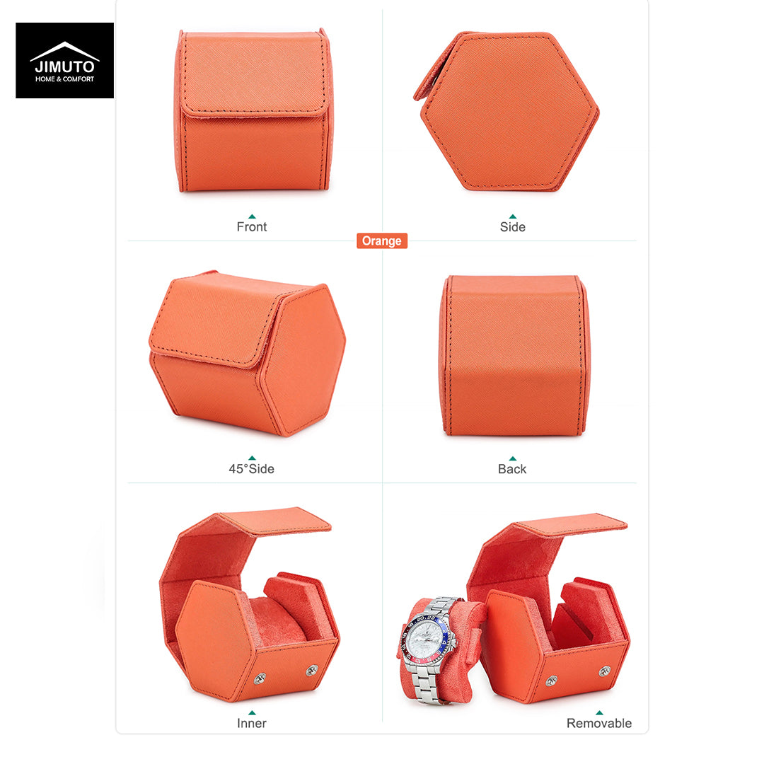 An orange hexagonal saffiano leather watch box shown from multiple angles on a white background, with front, side, 45-degree side, back, inner, and removable lid views. A small black JIMUTO logo appears in the top-left corner.
