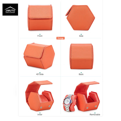 An orange hexagonal saffiano leather watch box shown from multiple angles on a white background, with front, side, 45-degree side, back, inner, and removable lid views. A small black JIMUTO logo appears in the top-left corner.