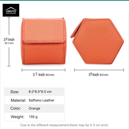 An orange hexagonal saffiano leather pouch shown with dimension lines and a size table. The image includes two views of the pouch, one front-facing and one side-facing, with measurements labeled as 3 1/2 inch (8.