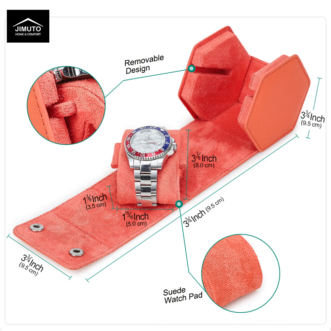 An orange-red adjustable suede watch strap with measurement callouts and inset detail circles, shown on a white background with the JIMUTO brand logo in the top-left corner.
