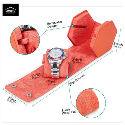 An orange-red adjustable suede watch strap with measurement callouts and inset detail circles, shown on a white background with the JIMUTO brand logo in the top-left corner.