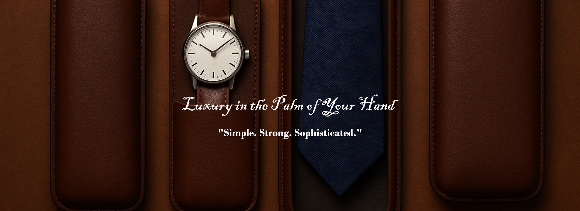 Watch displayed on a brown leather strap with text 'Luxury in the Palm of Your Hand' and 'Simple. Strong. Sophisticated.'