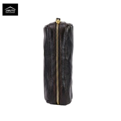 A dark brown leather zippered pen pouch with a gold-tone zipper, shown vertically against a plain white background. The Jimuto logo is visible in the top-left corner.