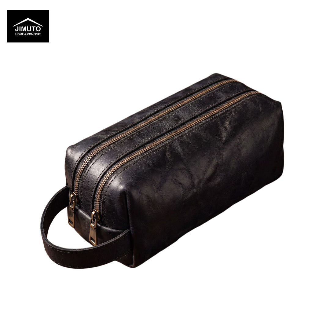 Black leather storage bag with gold zipper on a white background, featuring the JIMUTO brand.