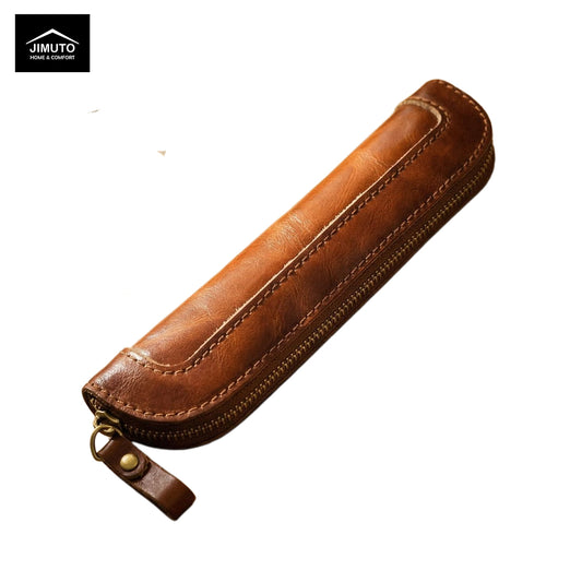 Brown leather pen case with zipper on a white background, featuring the Mimuto brand.