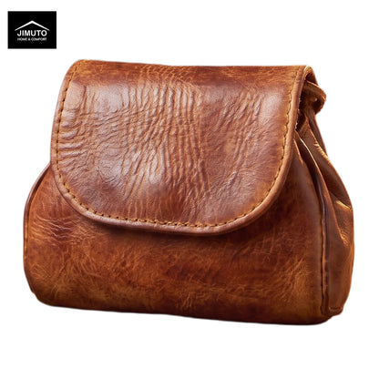 A brown distressed leather pouch with a curved flap and visible stitching, shown on a plain white background. A black 'JIMUTO' brand logo is visible in the top-left corner.