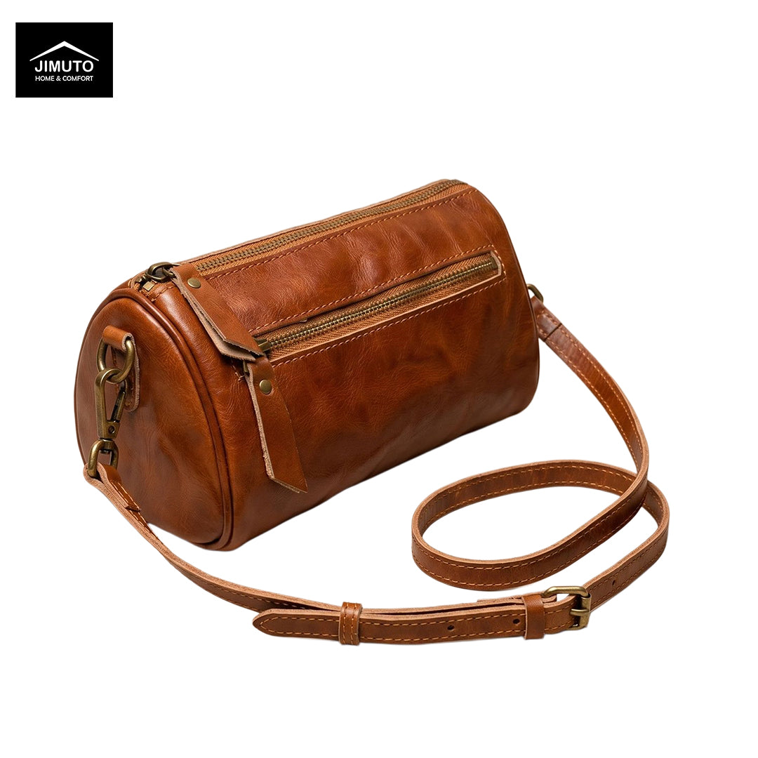 Brown leather cosmetic and storage crossbody bag with a strap on a white background, featuring the JIMUTO brand.