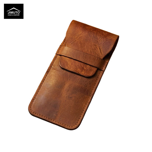 Brown leather pen pouch with a flap on a white background, featuring the JIMUTO brand.
