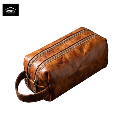 Brown leather storage bag with a handle on a white background, featuring the JIMUTO brand.