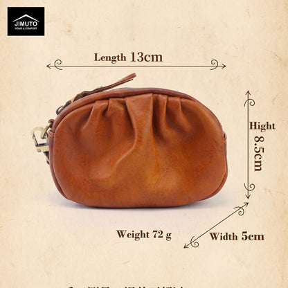 Brown leather pouch with measurements on a beige background