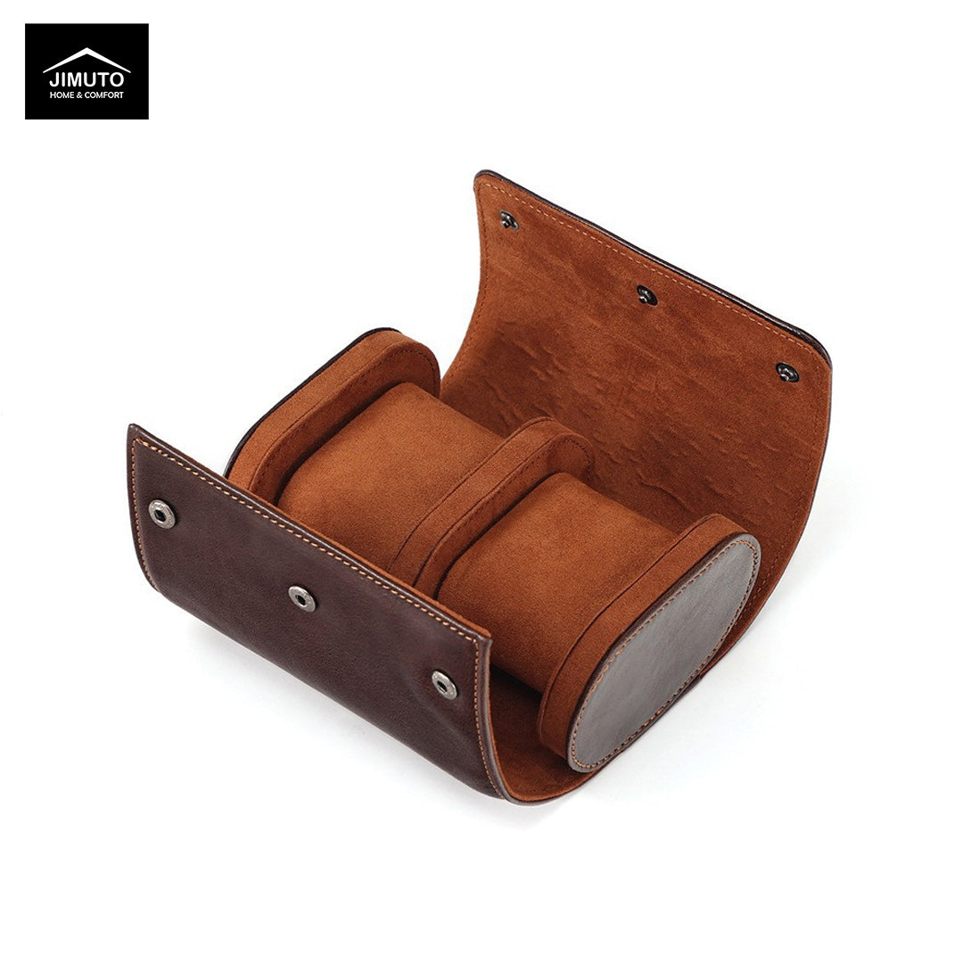 Brown leather watch case with three compartments on a white background, featuring the JIMUTO brand.