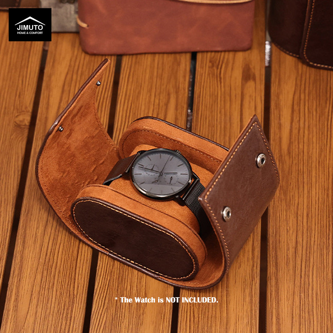 Coffee brown leather watch case on a wooden surface with 'JIMUTO' branding.