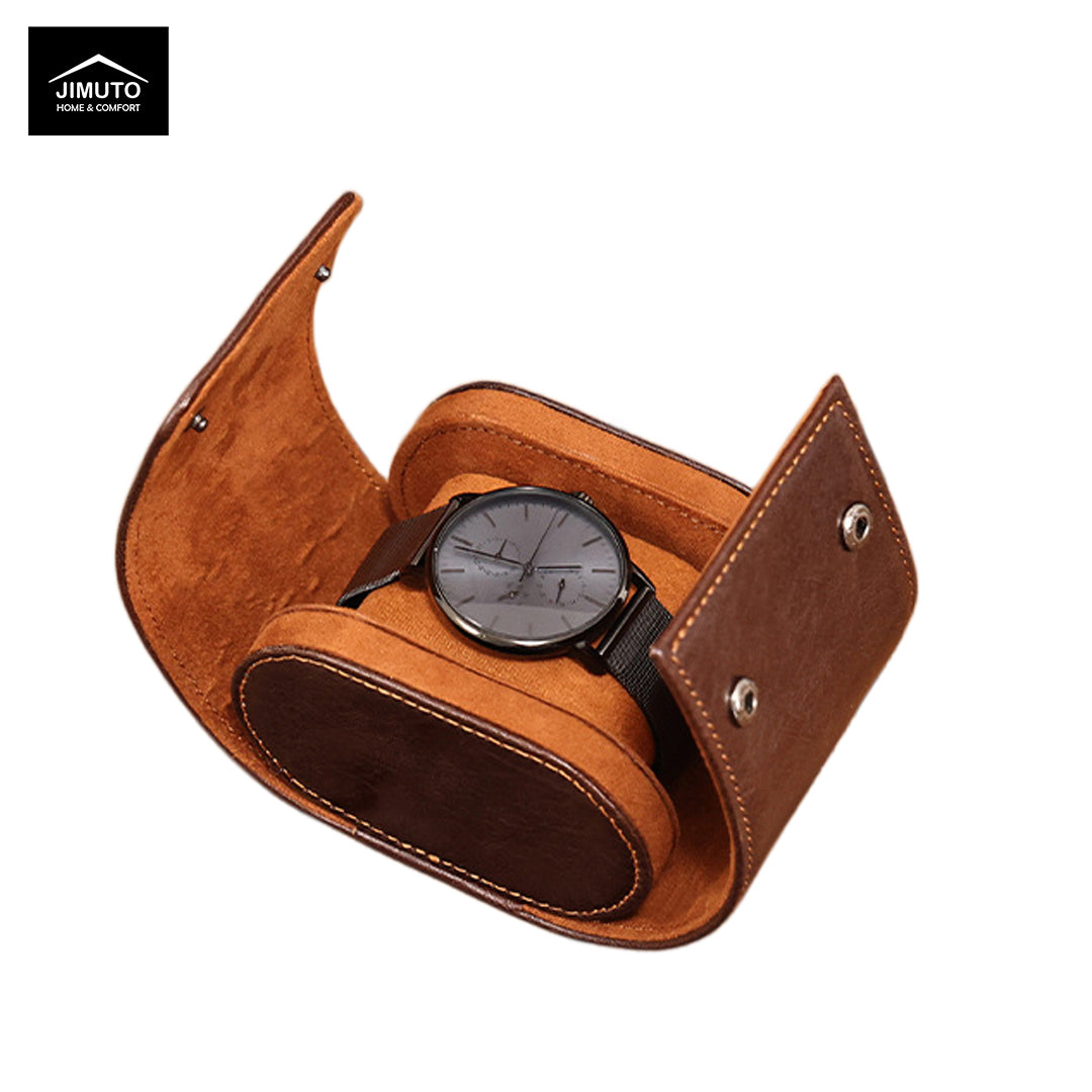 Brown leather watch case with a watch inside on a white background, featuring the JIMUTO brand.