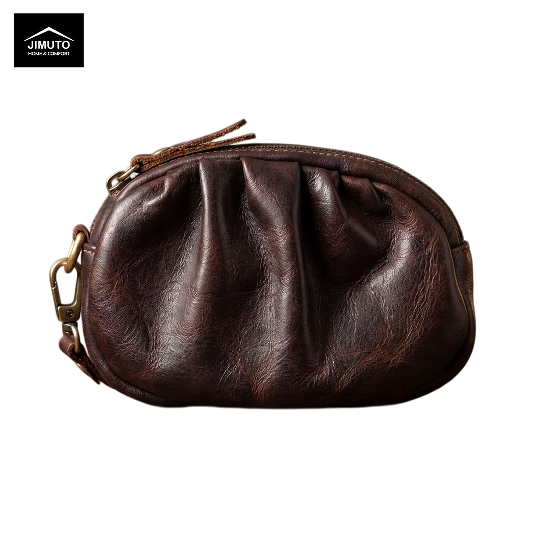 Coffee Brown leather pouch with brass zipper on a white background, featuring the JIMUTO brand.