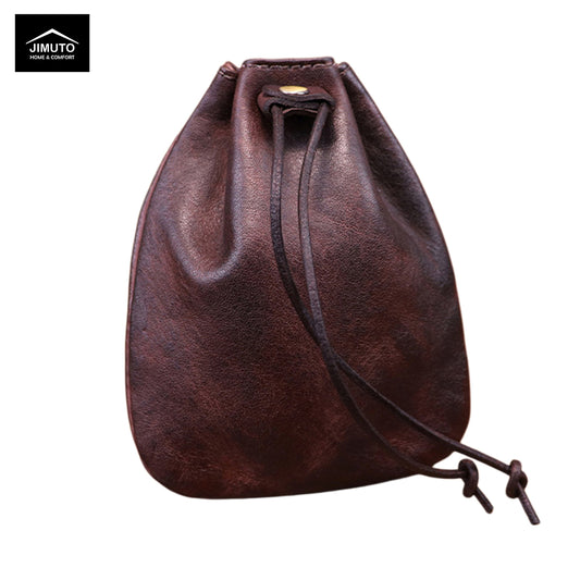 Brown leather drawstring bag on a white background with 'JIMUTO' branding.