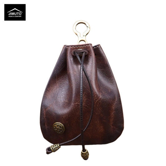 Brown leather drawstring bag with gold accents on a white background, featuring the JIMUTO brand.