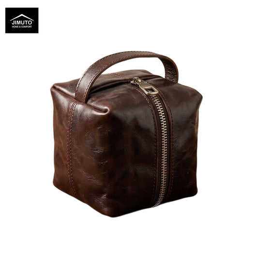 A coffee brown bucket bag or storage bag in a white background with logo JIMUTO seeing.