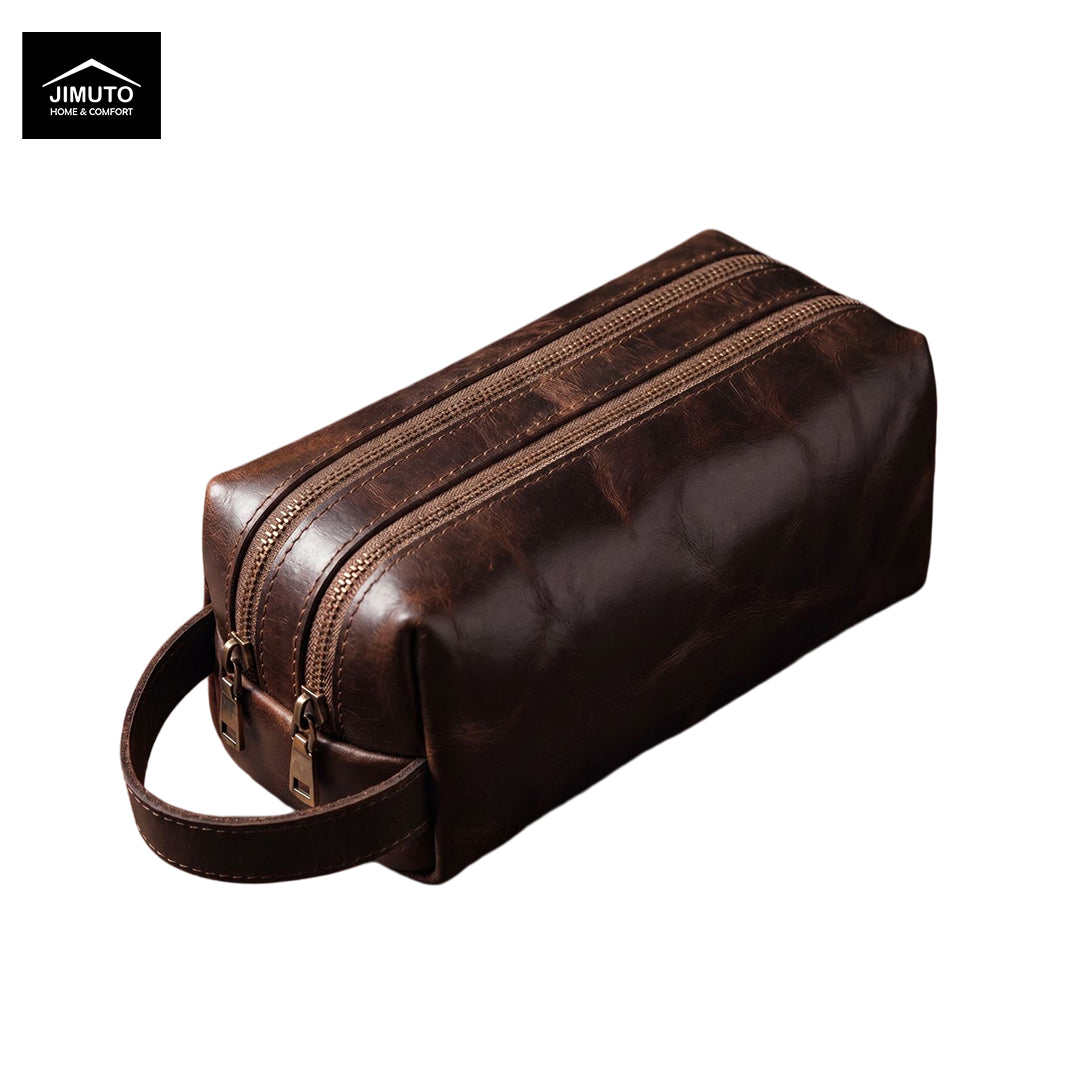 Brown leather cosmetic bag with zipper on a white background, featuring the JIMUTO brand.