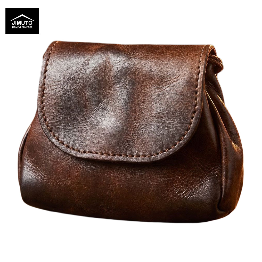 A dark brown distressed leather pouch with a curved flap and visible stitching, shown on a plain white background with a Jimuto brand logo in the top-left corner.