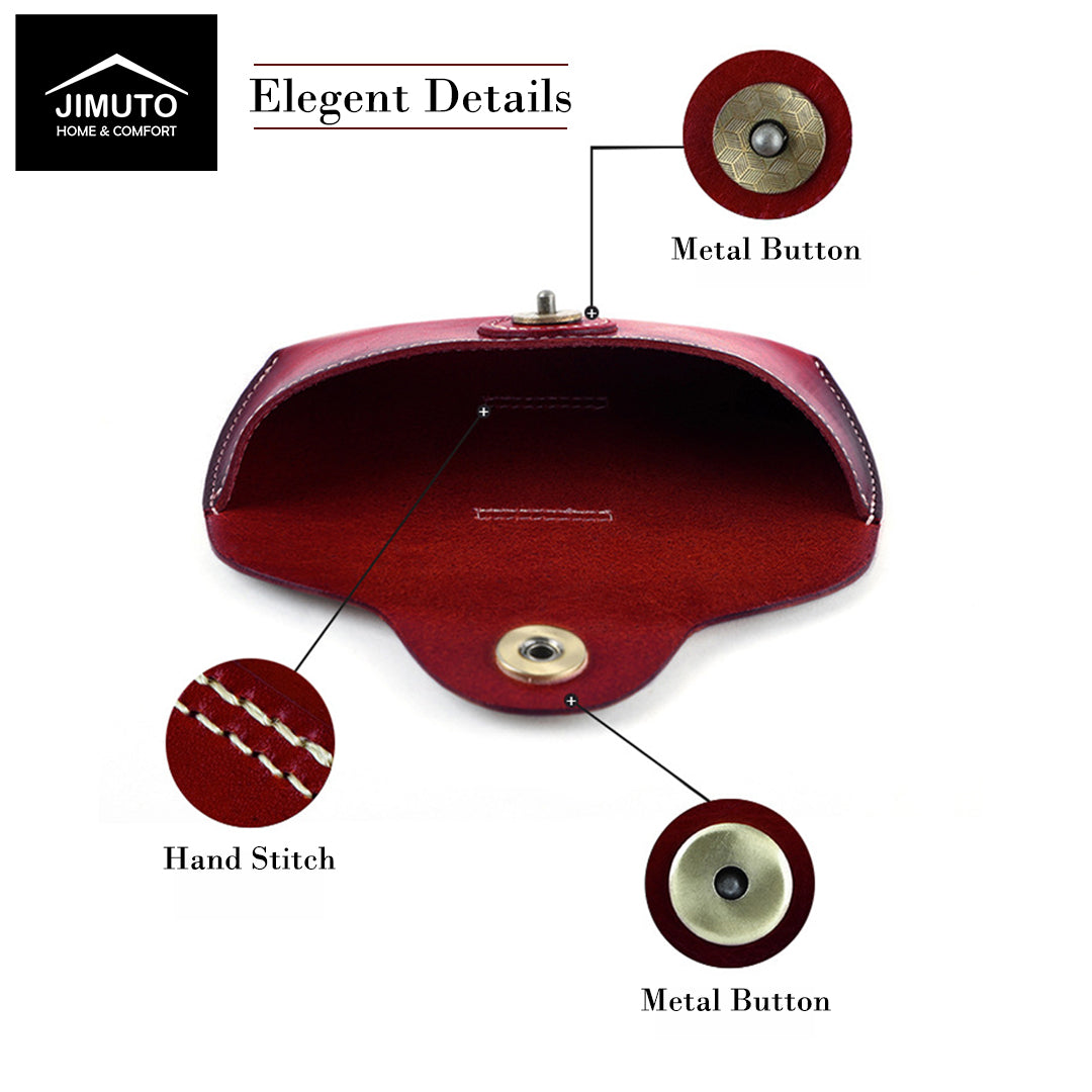Red brown leather eyeglasses case with metal buttons and hand stitching, labeled 'JIMUTO HOME & COMFORT'.