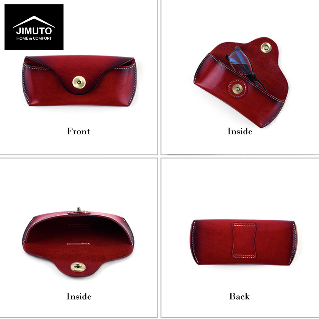 Red brown leather eyeglasses case with gold buttons shown from front, inside, and back views on a white background.