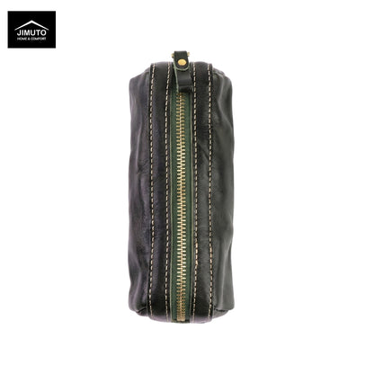 A green leather zippered pen pouch with gold-toned hardware and contrast stitching, shown against a plain white background with a Jimuto logo in the top-left corner.